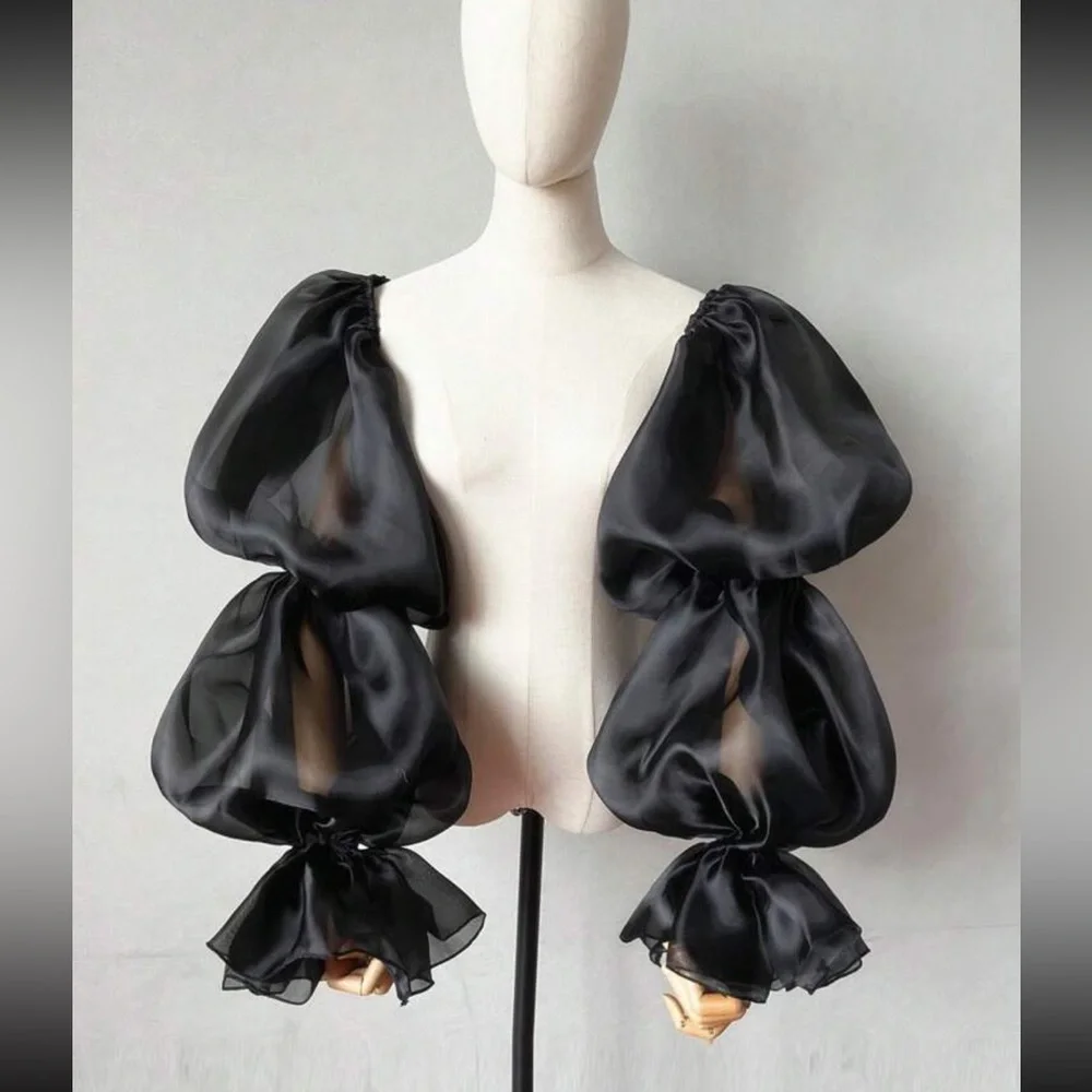 Elegant Black Organza 3 Tier Puff, Exaggerated Wedding Formal Sleeve